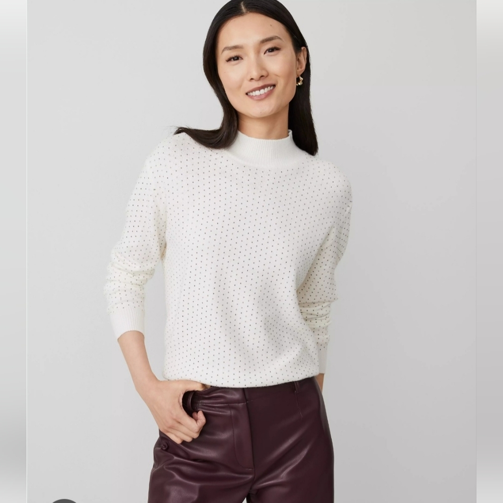 New Ann Taylor White / Cream Mock Neck Jewel Embellished Sweater